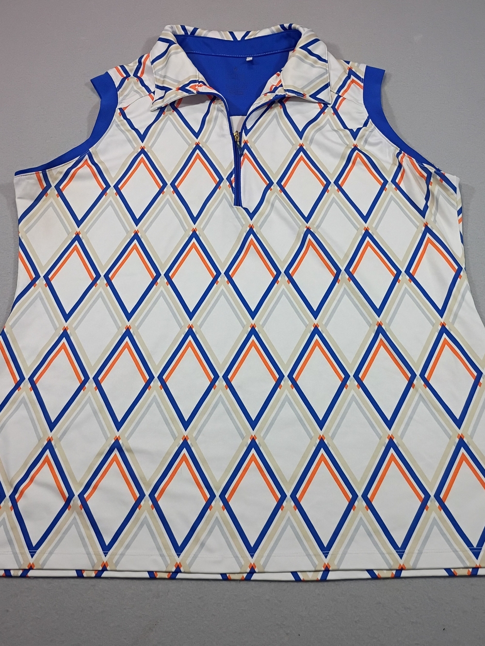 Sleeveless Diamond-Print Polo Tank in White, Blue & Orange XL